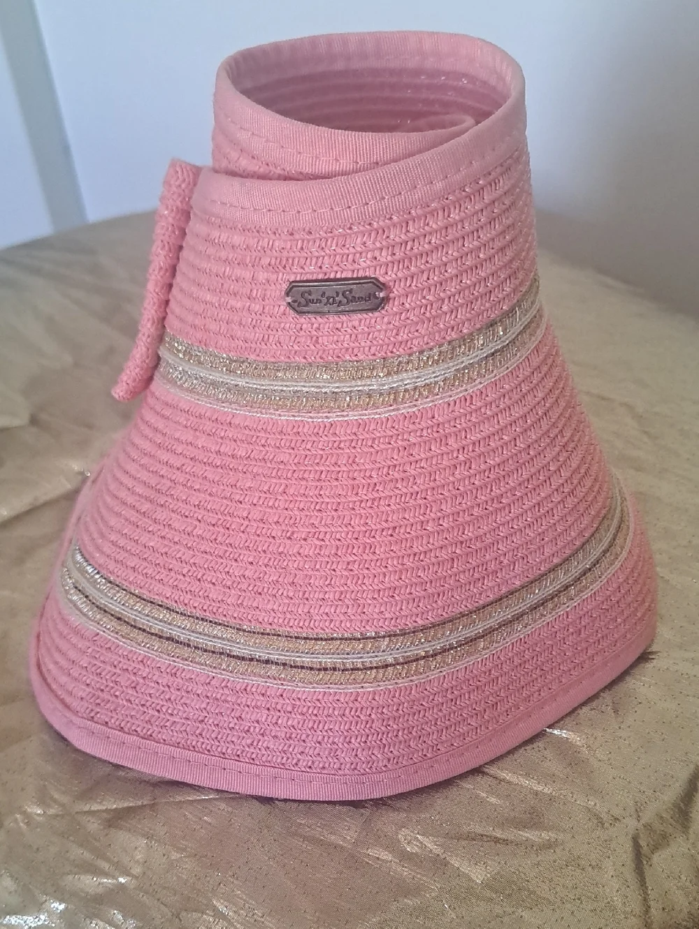 SUN 'N' SAND Pink Bow Accent Straw Visor with Gold Trim UPF 50+